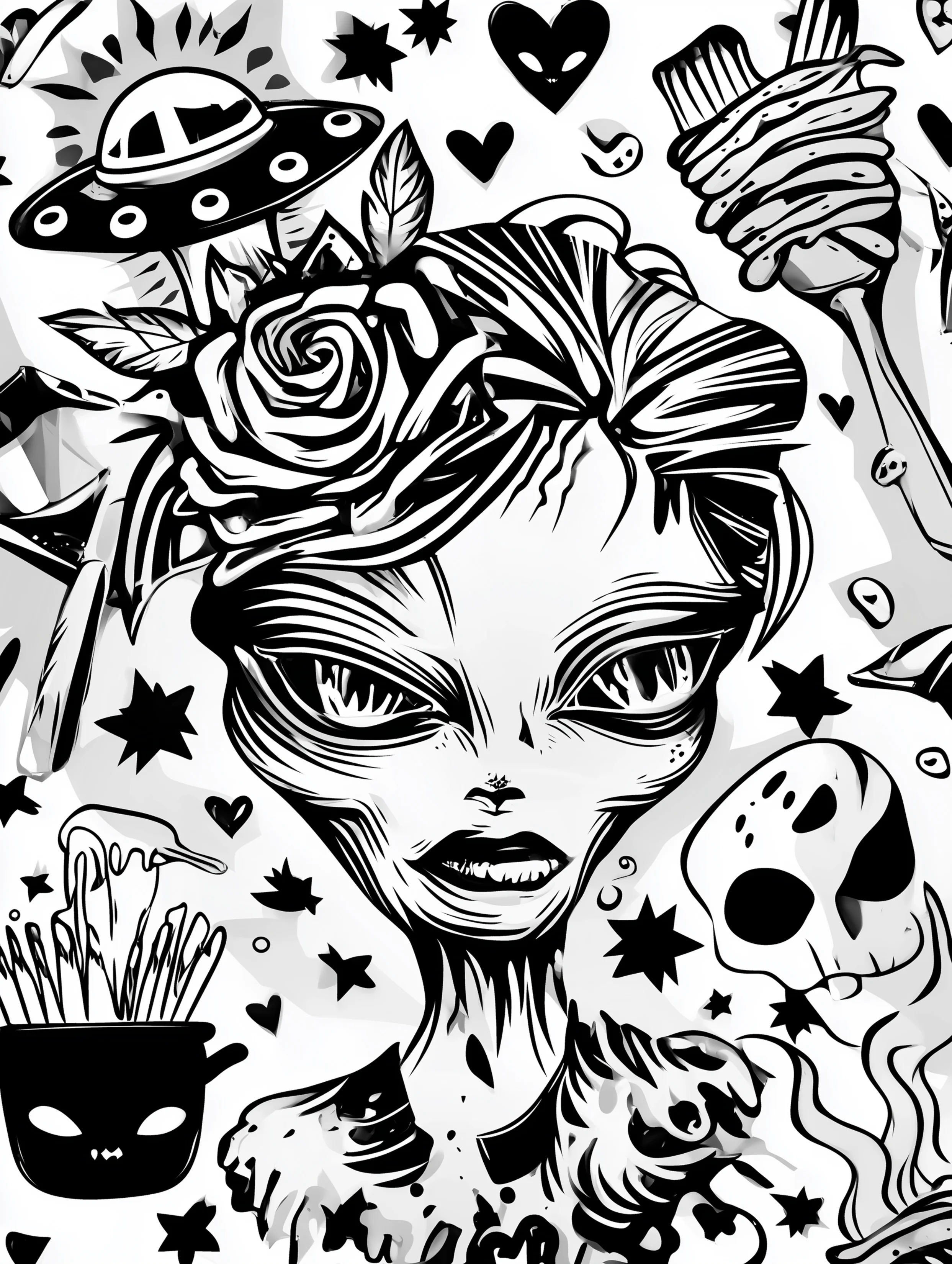 Free printable alien coloring page for adults featuring an annoyed alien face